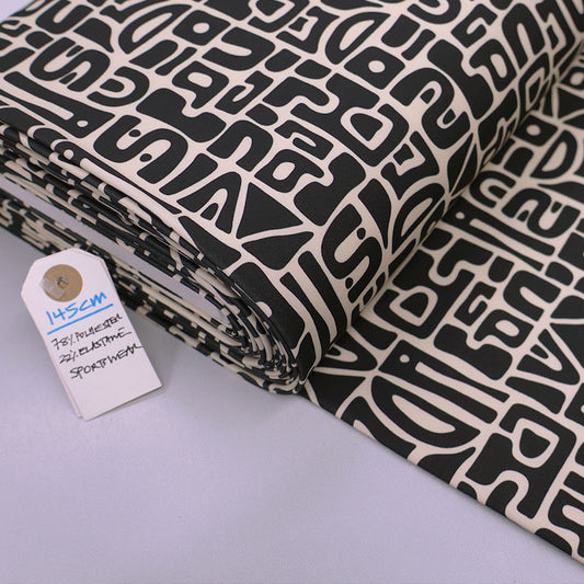 78% Polyester 22% Elastane Sportswear Fabric - Black and Cream Print