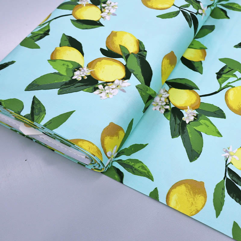 97% Cotton 3% Spandex Blue Cotton Sateen Fabric - Lemons