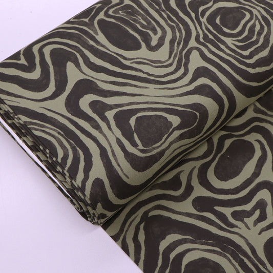 98% Cotton 2% Elastane Swirl Print Khaki Green and black Cotton Twill Fabric