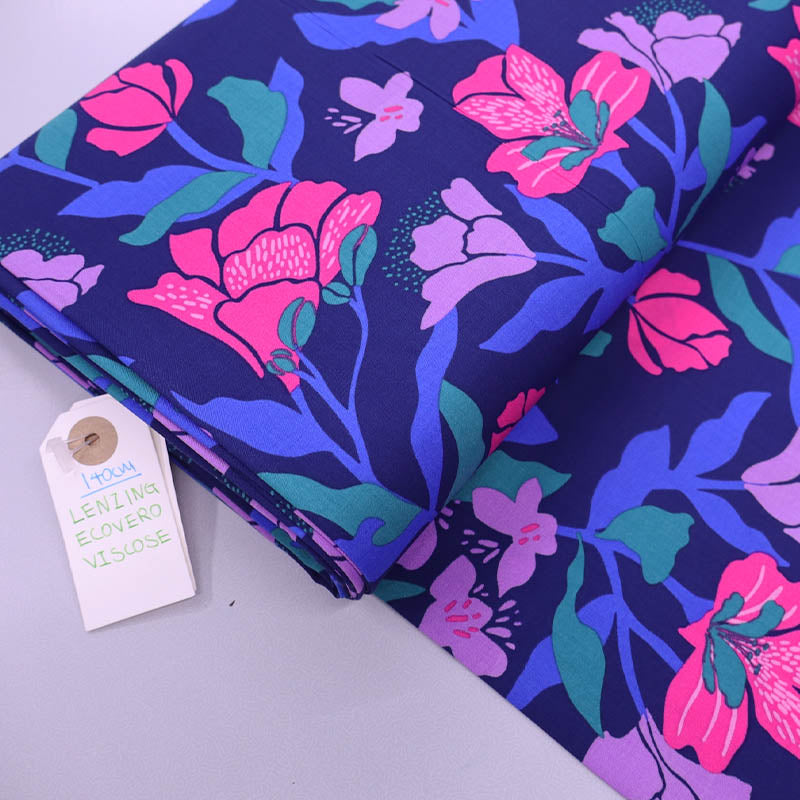 100% Ecovero™ Nerida Hansen Blue , Pink and Purple Floral Viscose Fabric