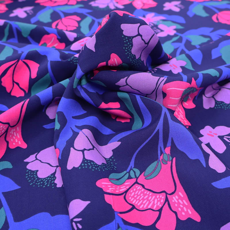 100% Ecovero™ Nerida Hansen Blue , Pink and Purple Floral Viscose Fabric