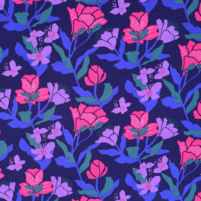 100% Ecovero™ Nerida Hansen Blue , Pink and Purple Floral Viscose Fabric