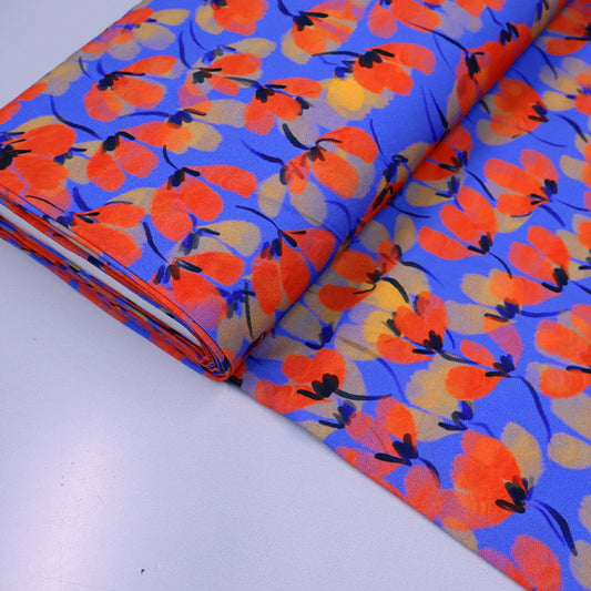 100% Viscose Blue and Orange Floral Viscose Fabric