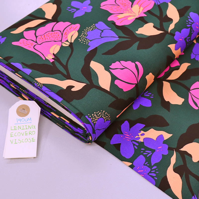 100% Ecovero™Nerida Hansen Dark Green and Floral Viscose Fabric 