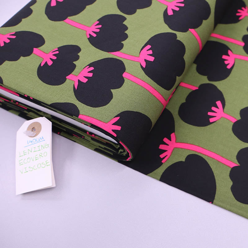 100% LENZING™ ECOVERO™ Nerida Hansen Floral Viscose Fabric - Khaki, Black & Pink