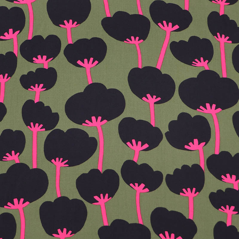 100% LENZING™ ECOVERO™ Nerida Hansen Floral Viscose Fabric - Khaki, Black & Pink