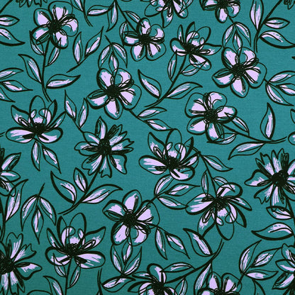 64% Viscose 30% Polyamide 6% Elastane Green Floral Ponte Roma Fabric by Nerida Hansen