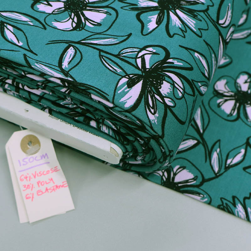 64% Viscose 30% Polyamide 6% Elastane Green Floral Ponte Roma Fabric by Nerida Hansen