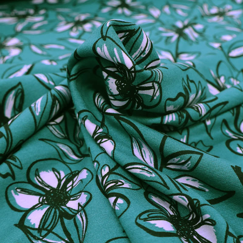 64% Viscose 30% Polyamide 6% Elastane Green Floral Ponte Roma Fabric by Nerida Hansen