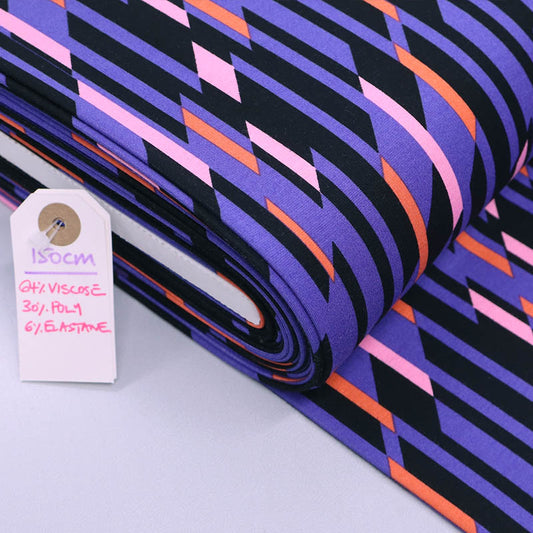 64% Viscose 30% Polyester 6% Elastane Nerida Hansen Dressmaking Ponte Roma Fabric - Purple and Pink