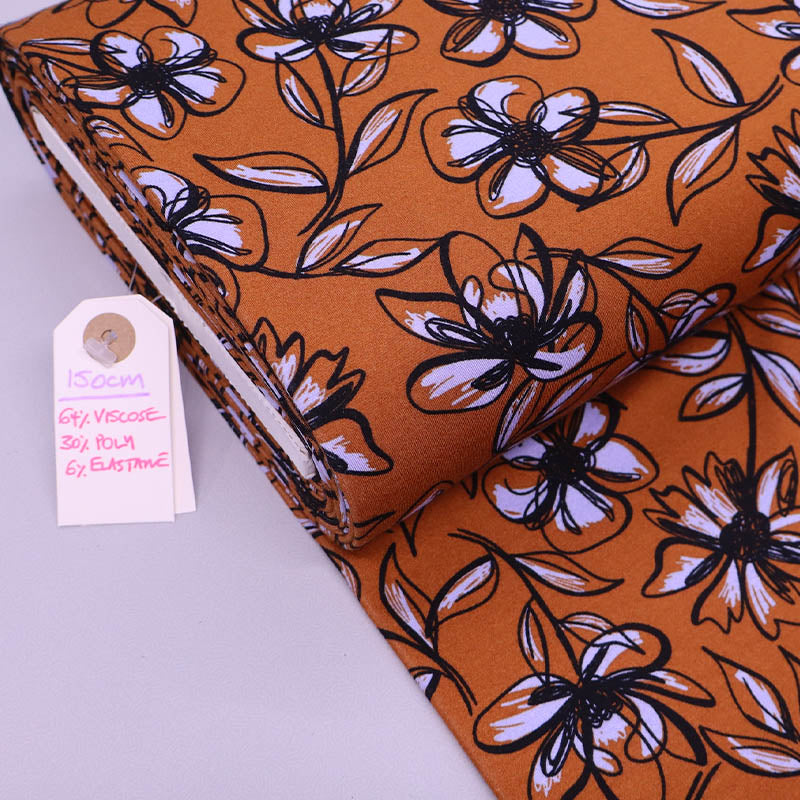 64% Viscose 30% Polyamide 6% Elastane Rust Orange Floral Ponte Roma Fabric by Nerida Hansen