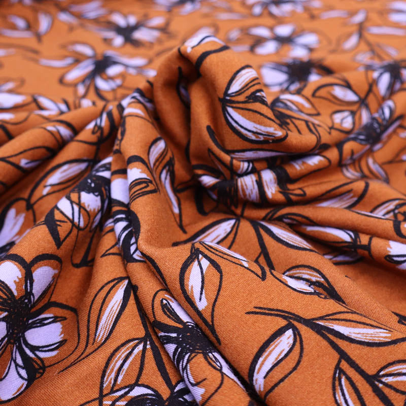 64% Viscose 30% Polyamide 6% Elastane Rust Orange Floral Ponte Roma Fabric by Nerida Hansen