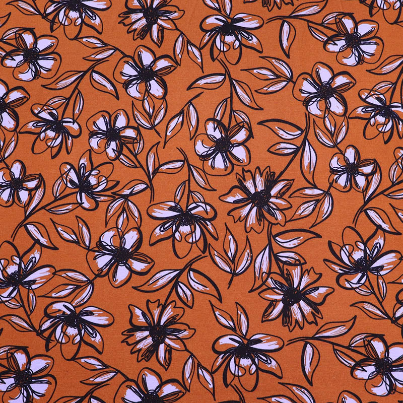 64% Viscose 30% Polyamide 6% Elastane Rust Orange Floral Ponte Roma Fabric by Nerida Hansen