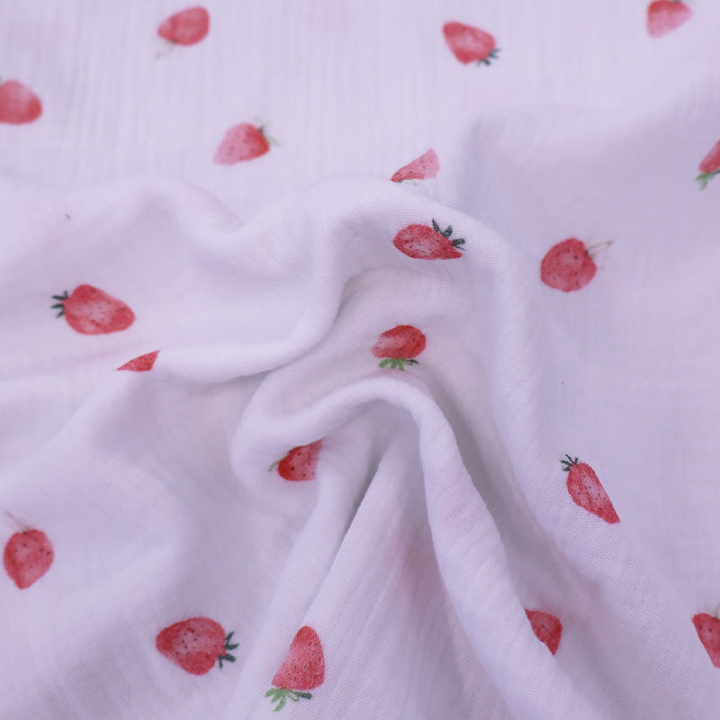 100% Cotton White Double Gauze Fabric - Strawberry Print
