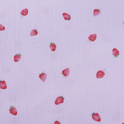 100% Cotton White Double Gauze Fabric - Strawberry Print