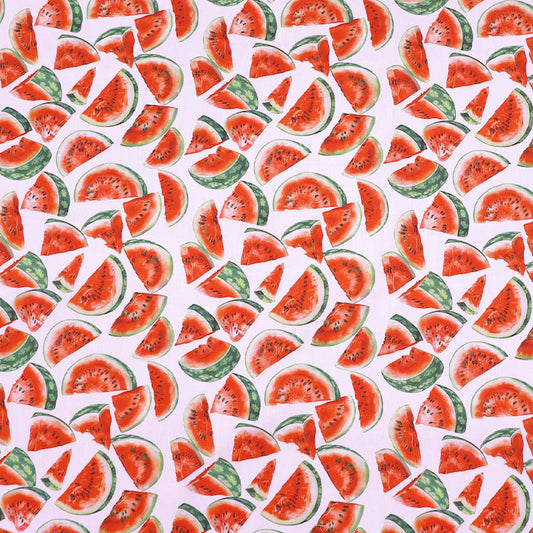 100% Cotton Tropical Cotton Dressmaking Fabric - Red Watermelon on White