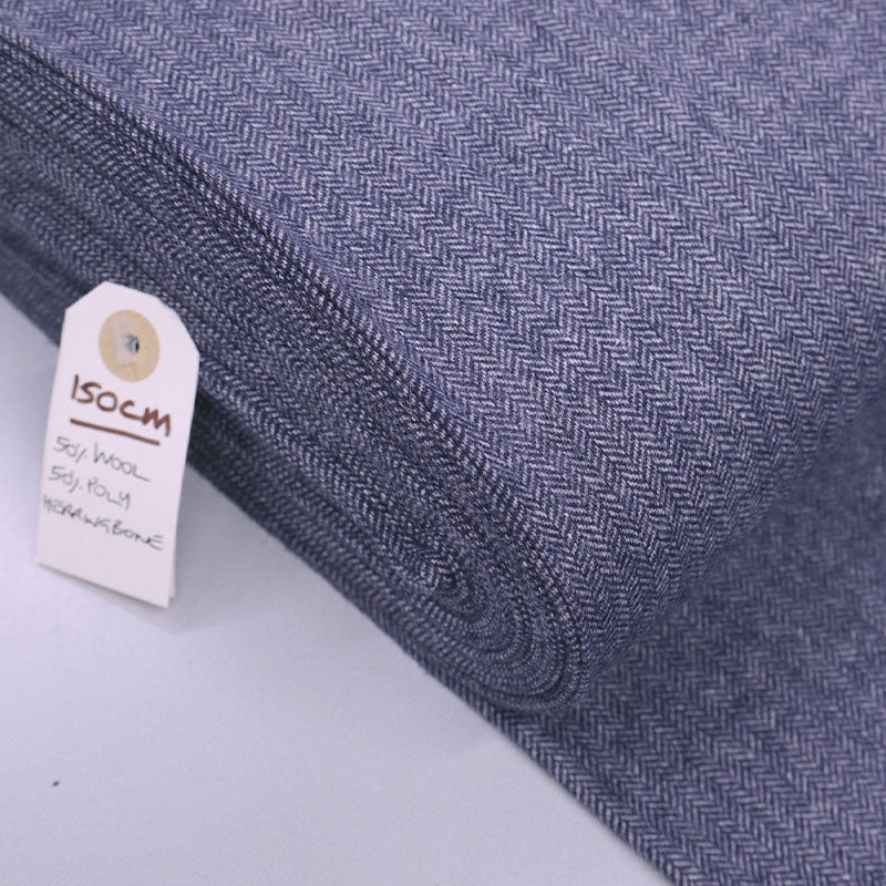 50% Wool 50% Polyester Blue Herringbone Wool Blend Fabric