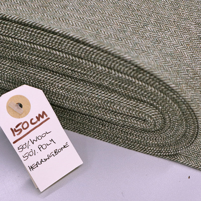 Wool and Polyester Mix - Herringbone - Khaki Green