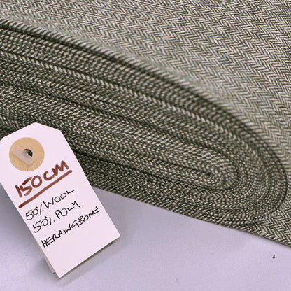 50% Wool 50% Polyester Green Herringbone Wool Blend Fabric