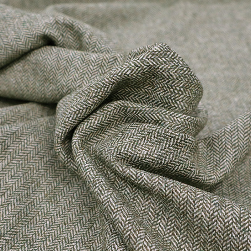 50% Wool 50% Polyester Green Herringbone Wool Blend Fabric