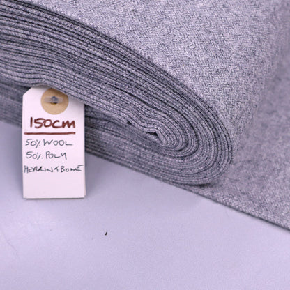 50% Wool 50% Polyester Pale Grey Herringbone Wool Blend Fabric