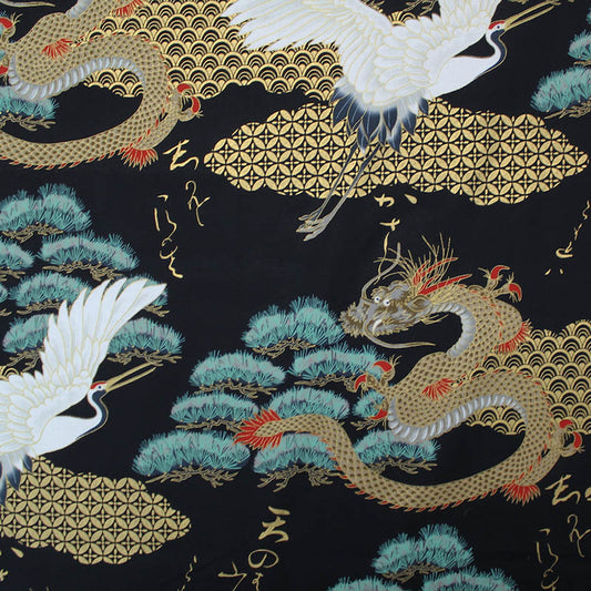 Printed Cotton - The Tale of the Golden Dragon and the Crane - Black