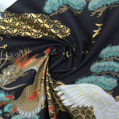 Printed Cotton - The Tale of the Golden Dragon and the Crane - Black